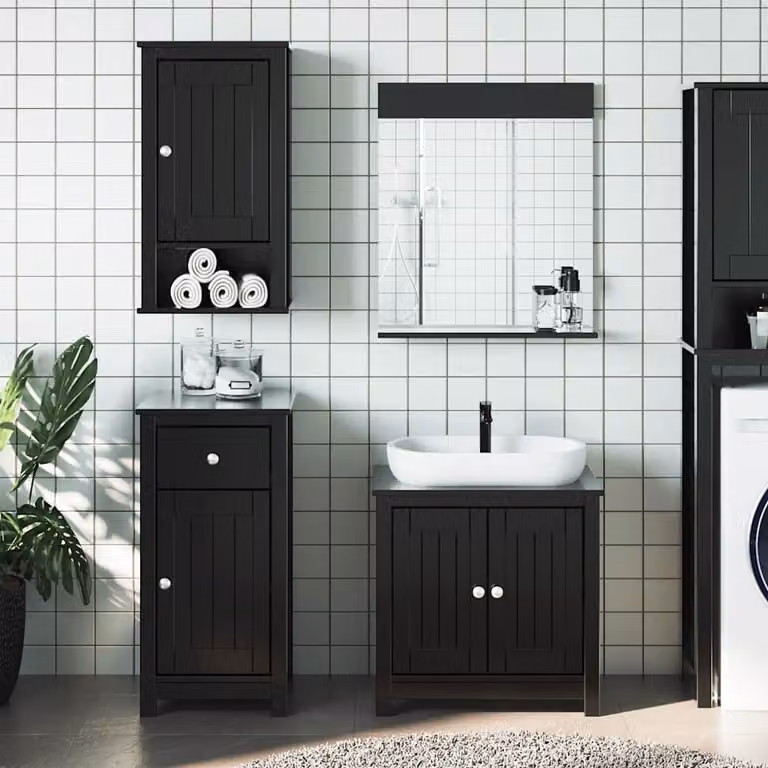 Set di mobili da bagno vidaXL BERG in legno di pino nero stile rustico con mobile sottolavabo e pensile a parete
