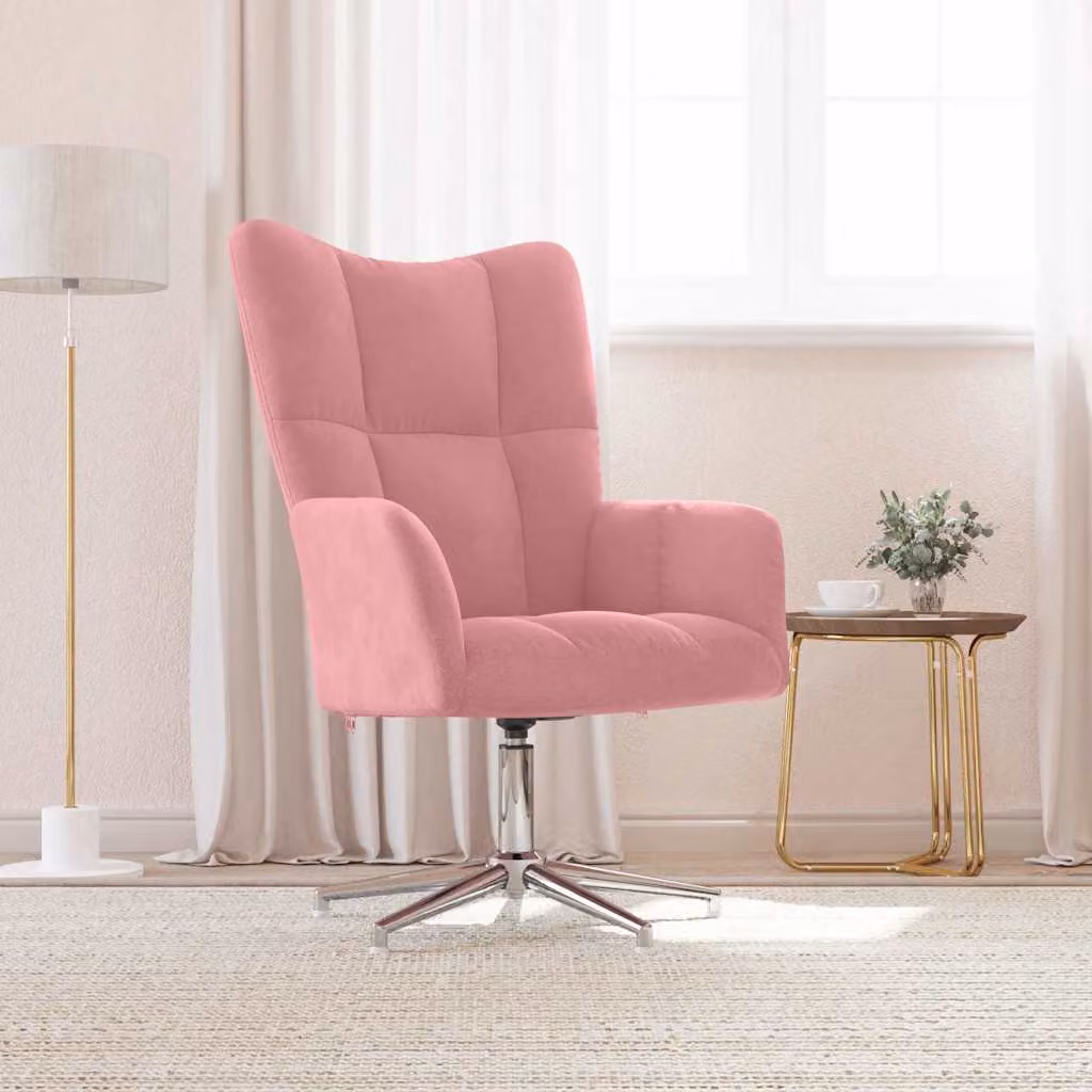 Sedia Relax vidaXL in Velluto Rosa con Braccioli e Base Girevole 360 Gradi L/P/H: 91 x 68 x 62 cm