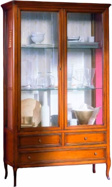 Vetrina classica Mobili 2G in legno con ante in vetro e 3 cassetti finitura Bassano L: 108 cm, P: 40 cm, H: 175 cm