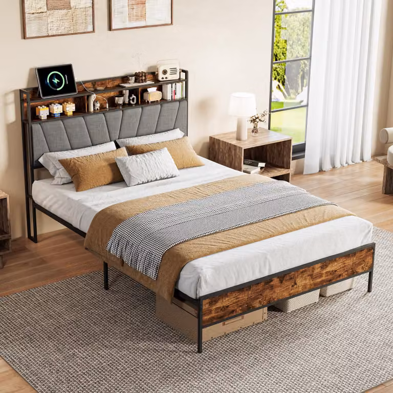 Letto matrimoniale in metallo ProximaX, 140x200 cm, con illuminazione RGB a LED, stazione di ricarica USB-C e testiera con spazio contenitore