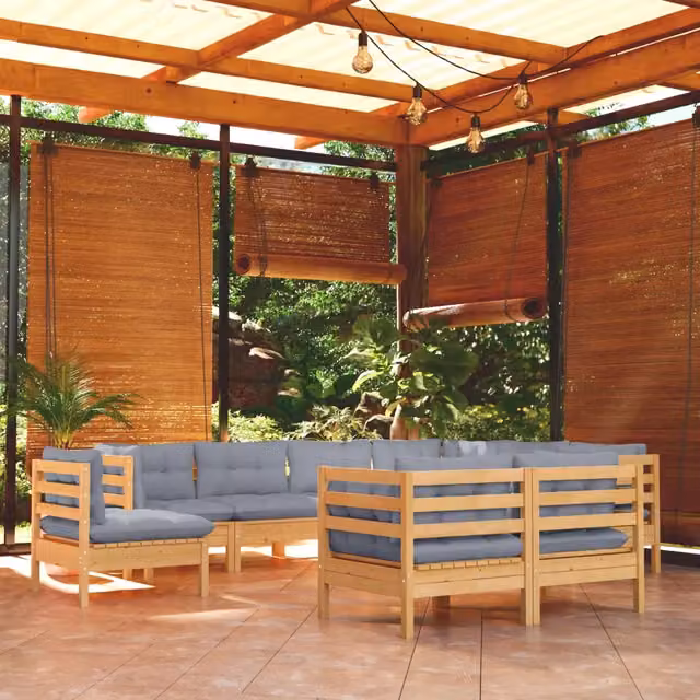 Set Divani da Giardino 9 pz con Cuscini Grigi Massello di Pino 3096766