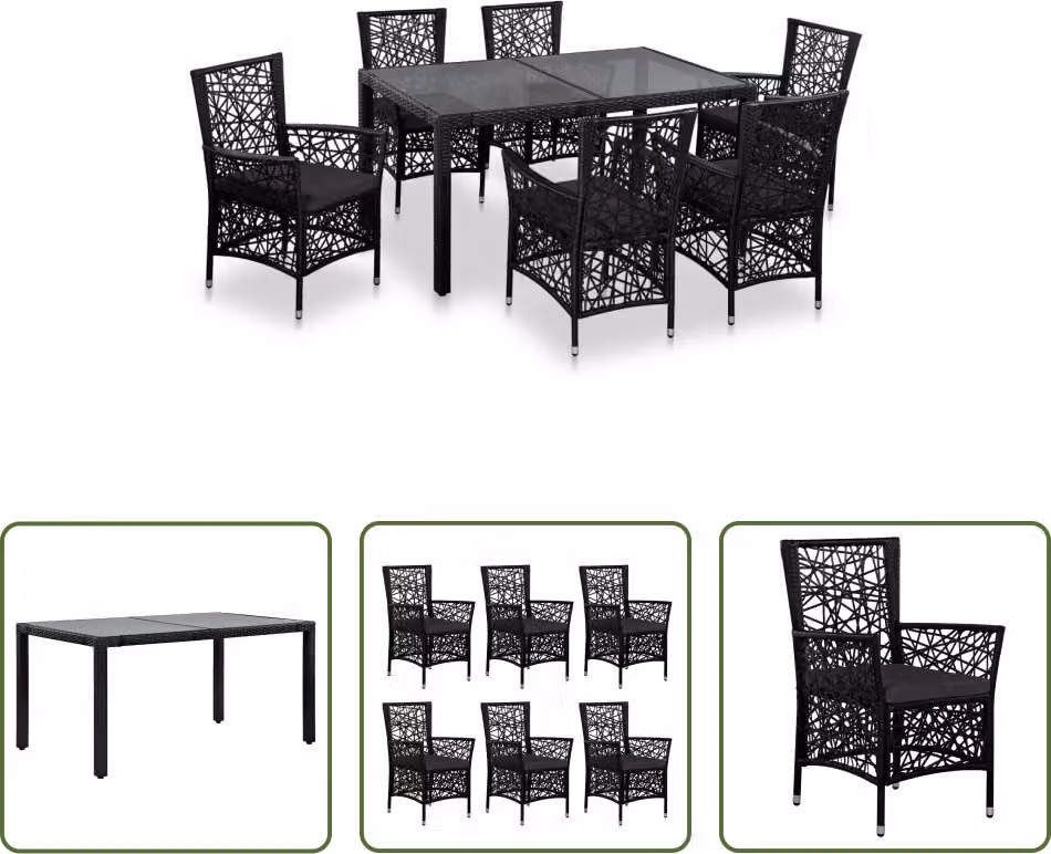 The Living Store Set da pranzo da giardino 7 pezzi in poly rattan nero