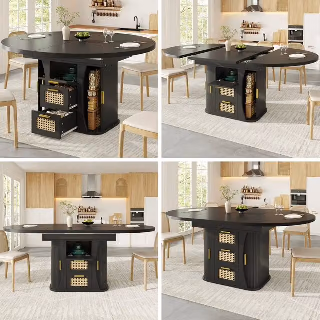 Tavolo da pranzo estraibile 118 158 cm cassetti in rattan MDF effetto legno nero/naturale/marrone