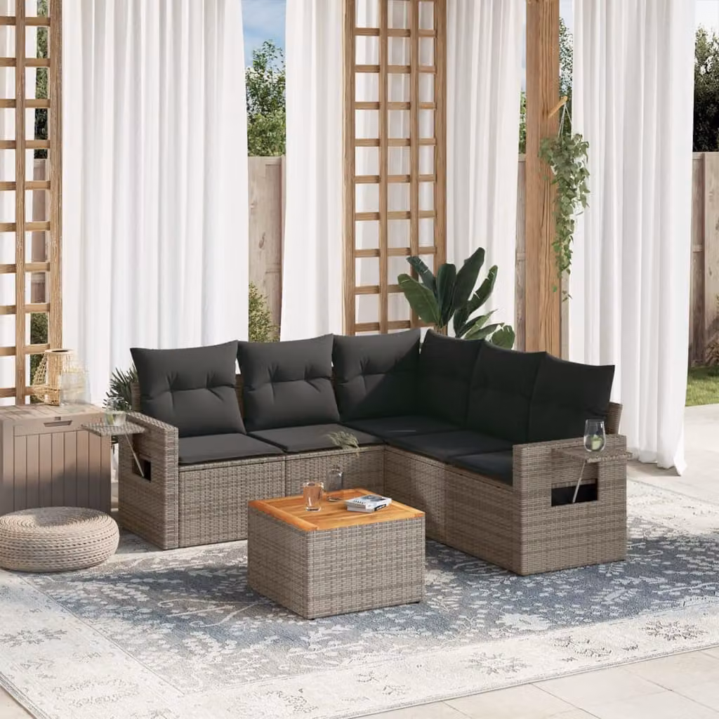 vidaXL Set Divano da Giardino a L 6 pz in Polyrattan Grigio con Cuscini e Tavolino – 1