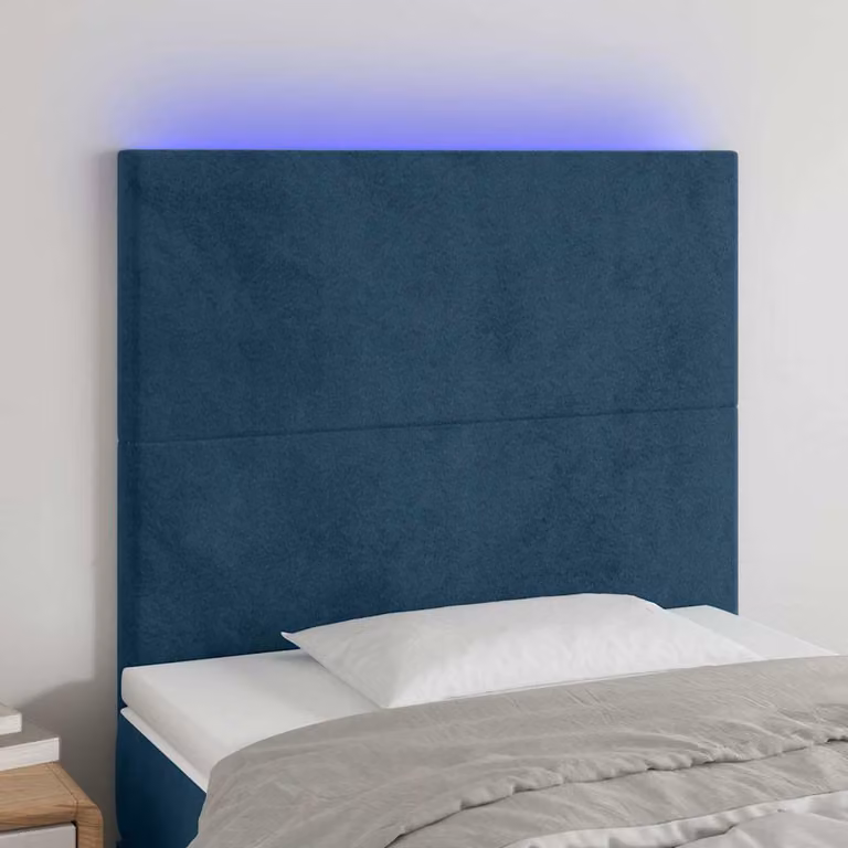 Testiera per letto vidaXL in velluto blu con illuminazione LED integrata e porta di ricarica USB, L 100 cm, P 5 cm, H 118-128 cm