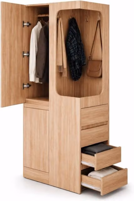 Armadio guardaroba 70x40x170 cm con 4 cassetti e vano appendiabiti; legno naturale