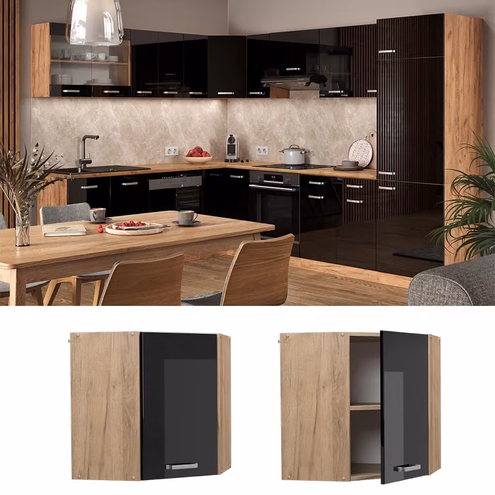Mobile angolare da cucina Vicco R-Line moderno in nero lucido e rovere, L: 57 cm, P: 31 cm, H: 60 cm – 2