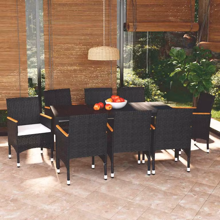 Set da pranzo da giardino vidaXL in polyrattan e legno di acacia con 9 pezzi e cuscini, colore nero e bianco