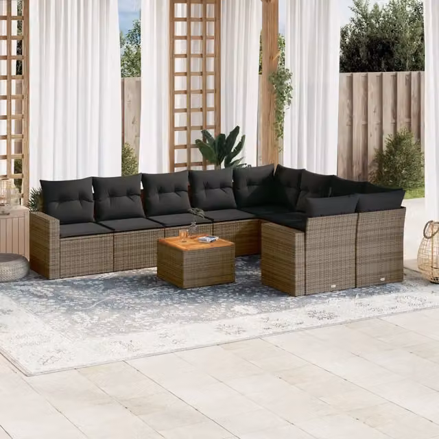 Set Divano da Giardino a L vidaXL in Polyrattan Grigio con 10 Pezzi e Cuscini Imbottiti