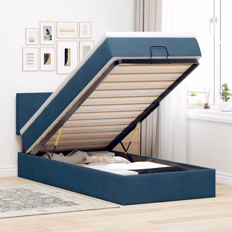 vidaXL Struttura Letto con Materasso e Pouf in Velluto Blu e Bianco, con Base a Sollevamento, Illuminazione Sotto il Letto e Porte USB, L 100 x P 200 x H 88 cm