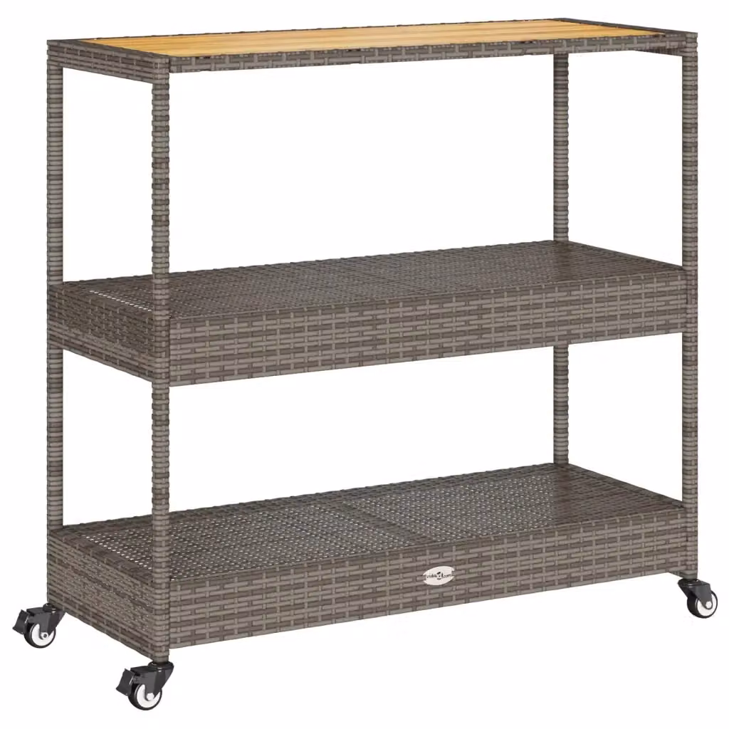 Carrello da Bar vidaXL a 3 Livelli in Polyrattan Grigio e Legno di Acacia con Ruote, L 101,0 cm x P 40,0 cm x H 100,0 cm – 2