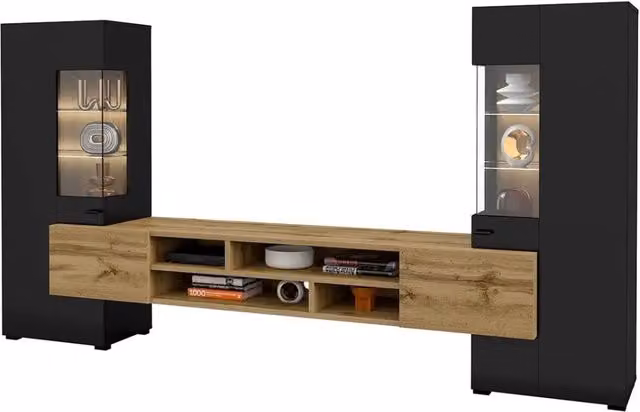 Composizione murale KOBEE – Nero e quercia – Mobile TV sospeso con 2 vetrine – Stile design moderno