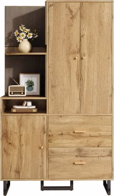 Mobile da Ingresso Moderno Chicfurn con Anta, Cassetti e Ripiani, Nero e Marrone, L/P/H: 110 x 38 x 186 cm – 1
