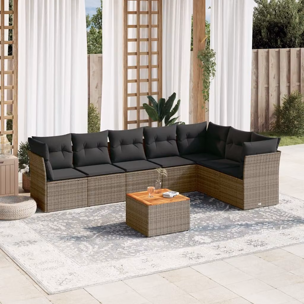 vidaXL Set Divano da Giardino 8 pz a L in Polyrattan Grigio con Cuscini e Tavolino da Caffè – 1