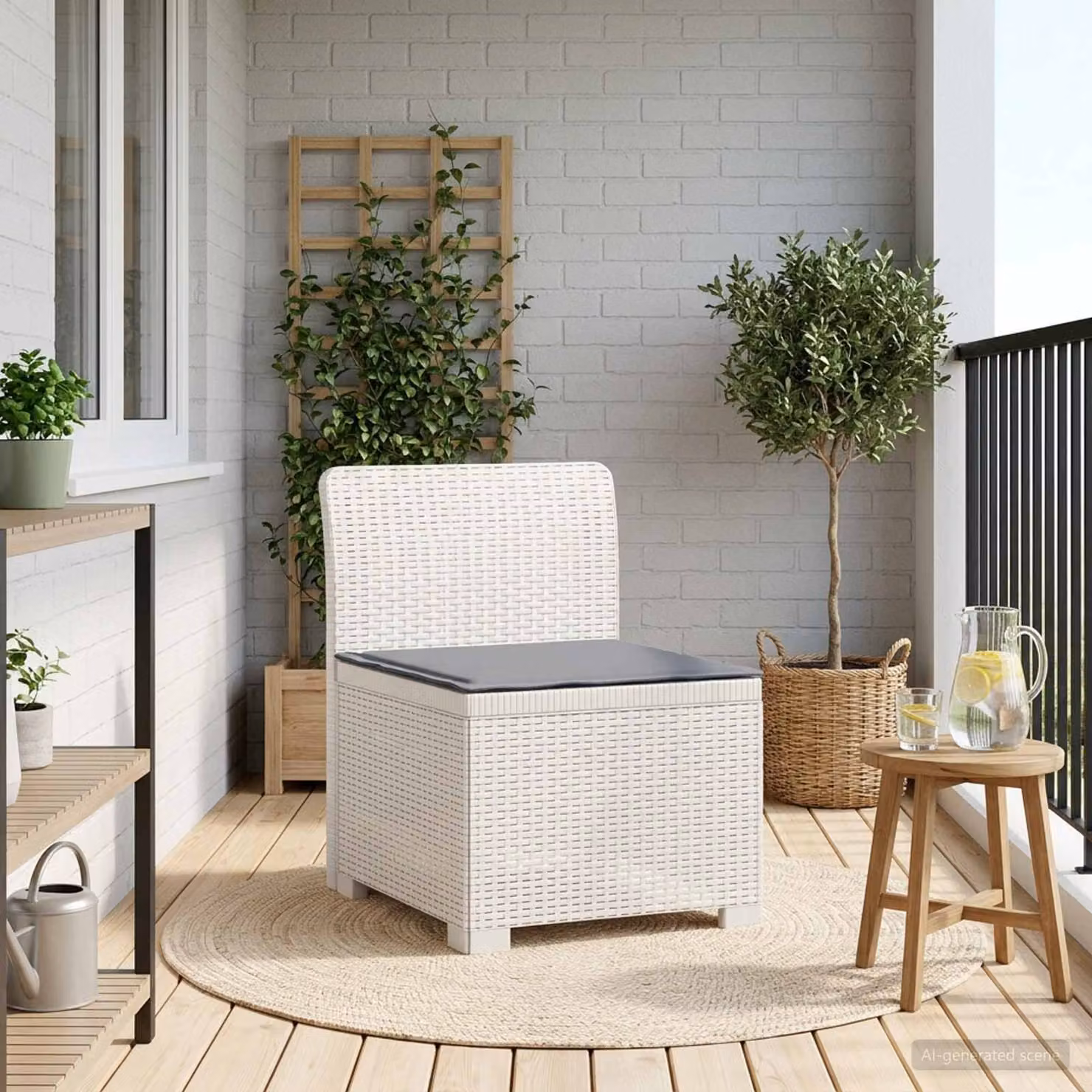 Divano da giardino singolo vidaXL con cuscino in aspetto rattan bianco e grigio