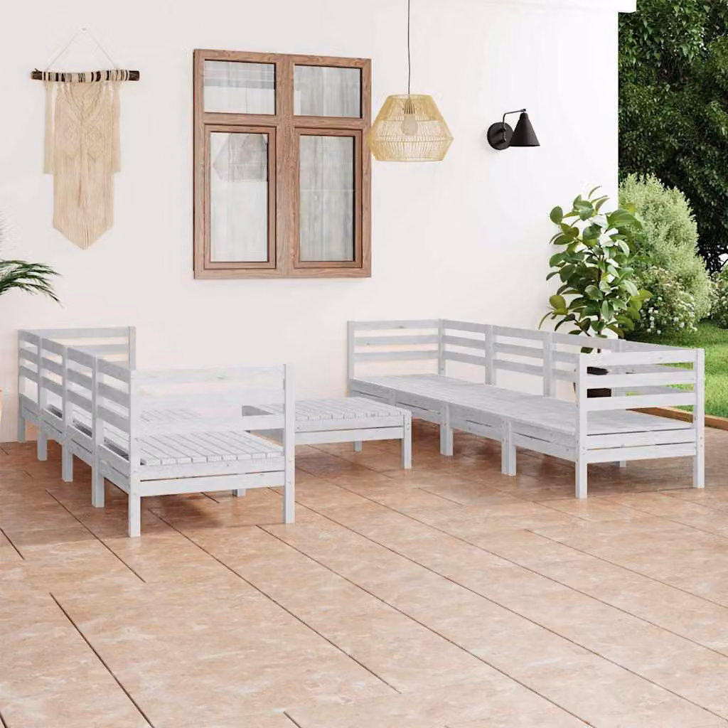 vidaXL Set Divani da Giardino a L in Legno di Pino con Cuscini Bianchi 9 pz