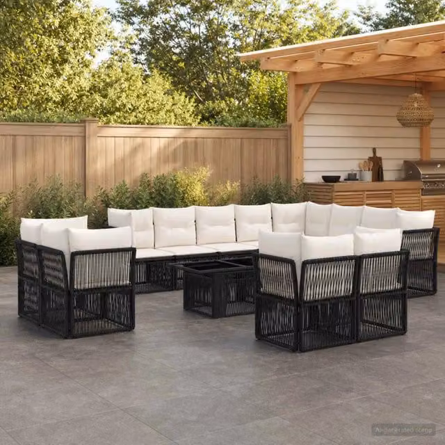 Set Divano da Giardino a Forma di U vidaXL in Polyrattan Nero con Tavolino e Cuscini Imbottiti – 1