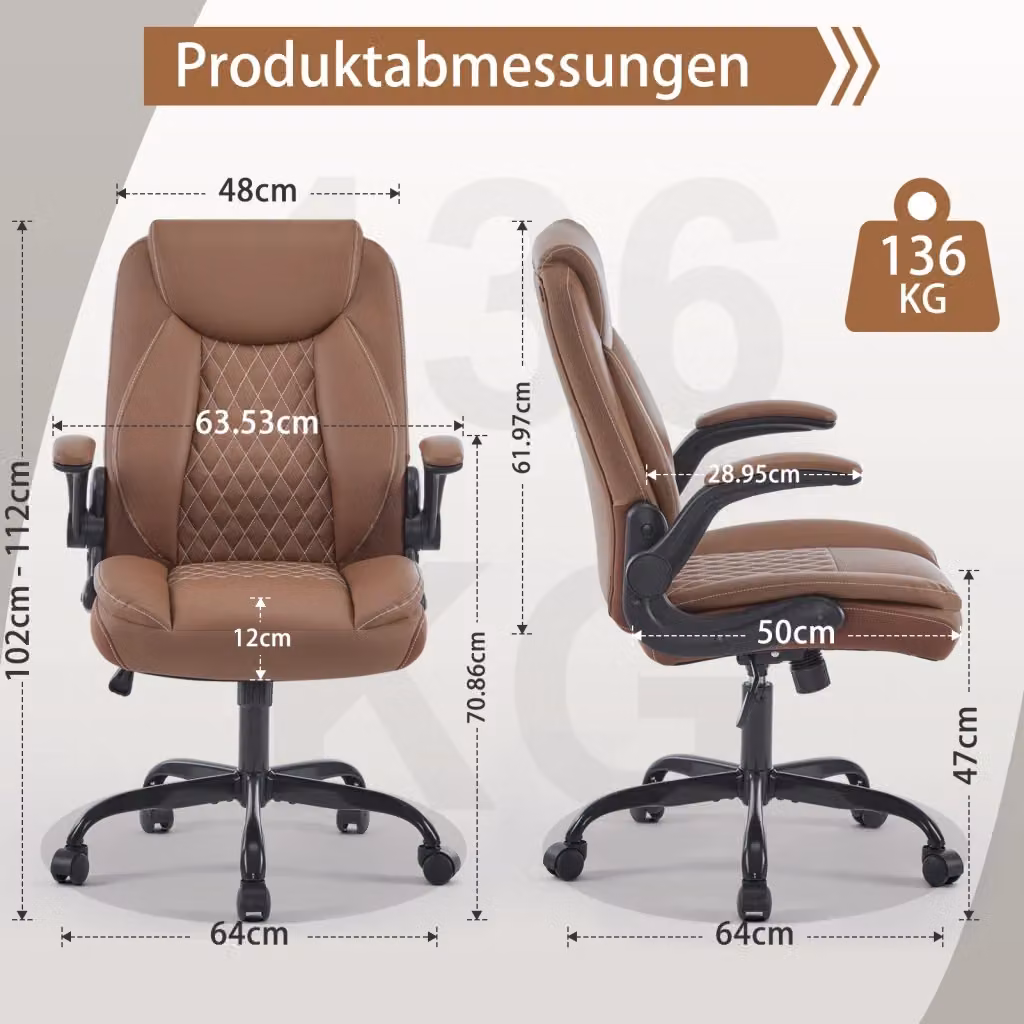 Sedia da ufficio ergonomica Minimal in ecopelle marrone con struttura in metallo e ruote girevoli – 2
