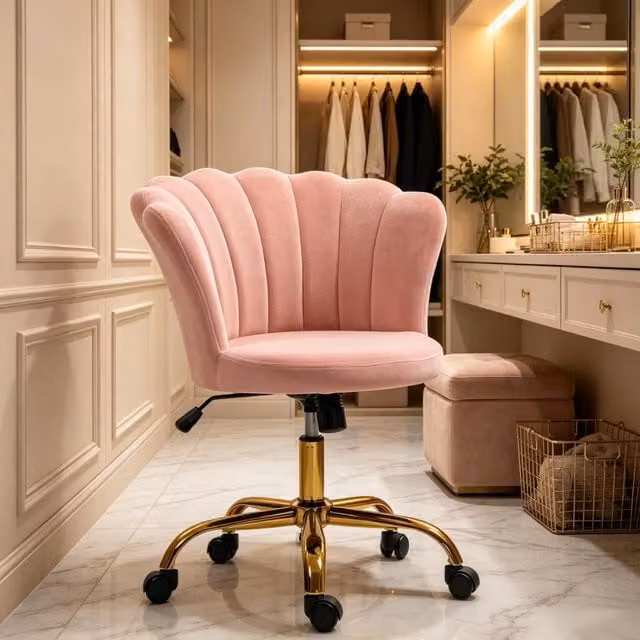 Sedia da parrucchiere in velluto rosa, schienale a petalo, altezza regolabile 48 58 cm