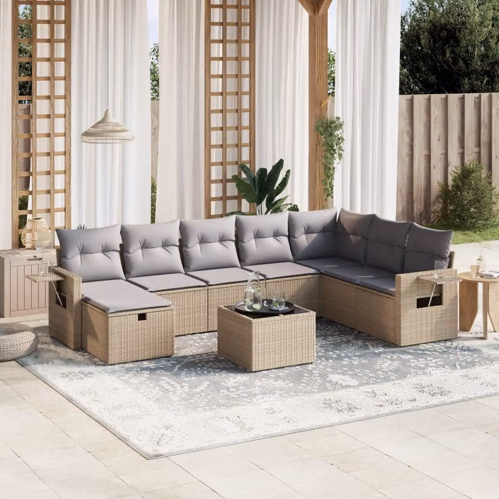 vidaXL Set Divano da Giardino a L 9 pz con Cuscini Beige e Grigio in Polyrattan e Acciaio – 1