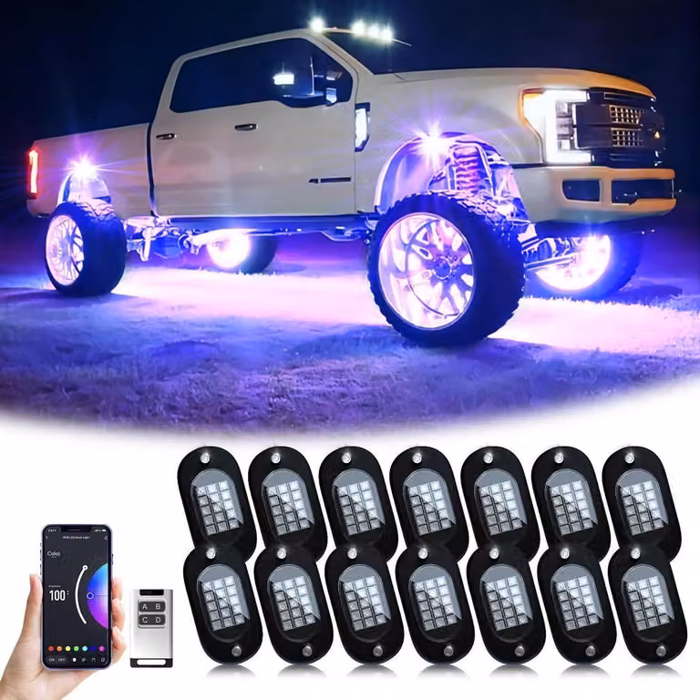 Luci LED RGB per fuoristrada, con 14 moduli e 210 LED, controllabili tramite app o telecomando, con modalità musicale e impermeabili, ideali per veicoli off-road