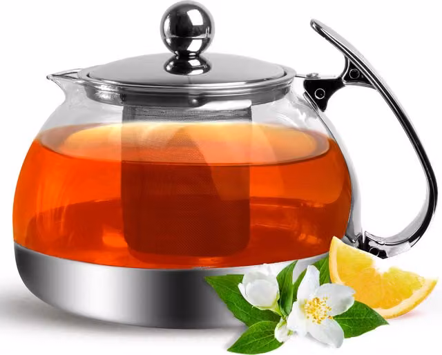 Teiera Deuba® in vetro e acciaio inossidabile color argento con filtro rimovibile e beccuccio antigoccia, capacità 1,2 l – 1