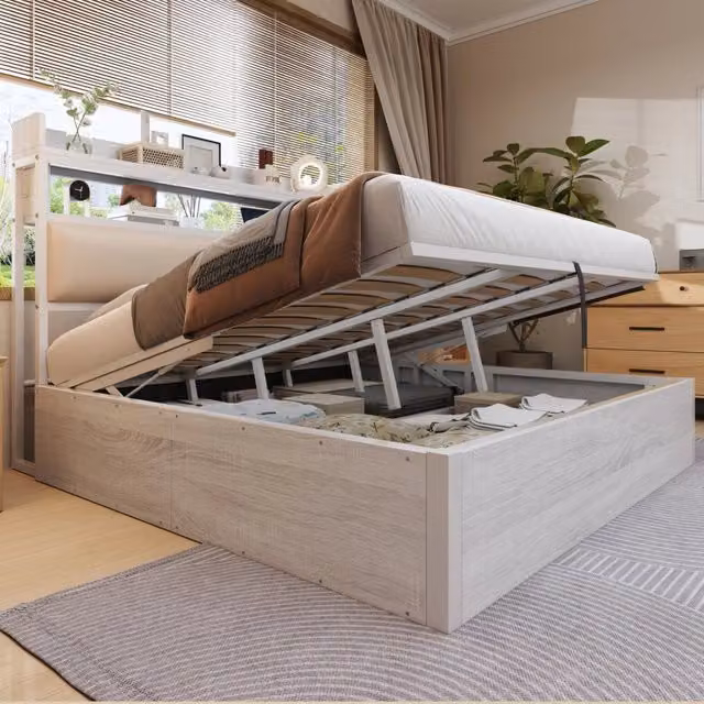 Letto matrimoniale 180 x 200 cm con vano contenitore idraulico; USB e testiera imbottita bianco