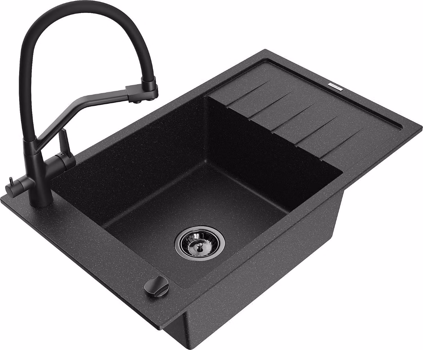 Mexen Elias lavello in granito a 1 vasca con scolapiatti e rubinetto Duo, nero/argento metallizzato - 6511-73-671701-70-B