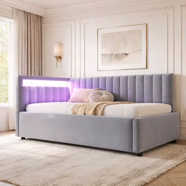 Letto singolo imbottito 90 × 200 cm con LED vano contenitore idraulico rete a doghe velluto grigio