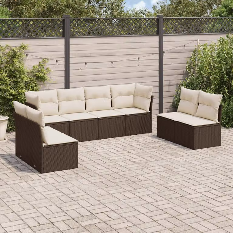 vidaXL Set Divani da Giardino 8 pz a Forma a L in Polyrattan Marrone e Bianco con Cuscini Imbottiti e Rivestimenti Rimovibili