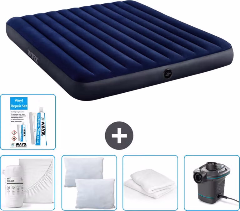 Letto gonfiabile Intex - 2 persone - 183 x 203 x 25 cm - blu - lenzuolo incluso - bacio - pompa - set di riparazione e protezione per cuscini