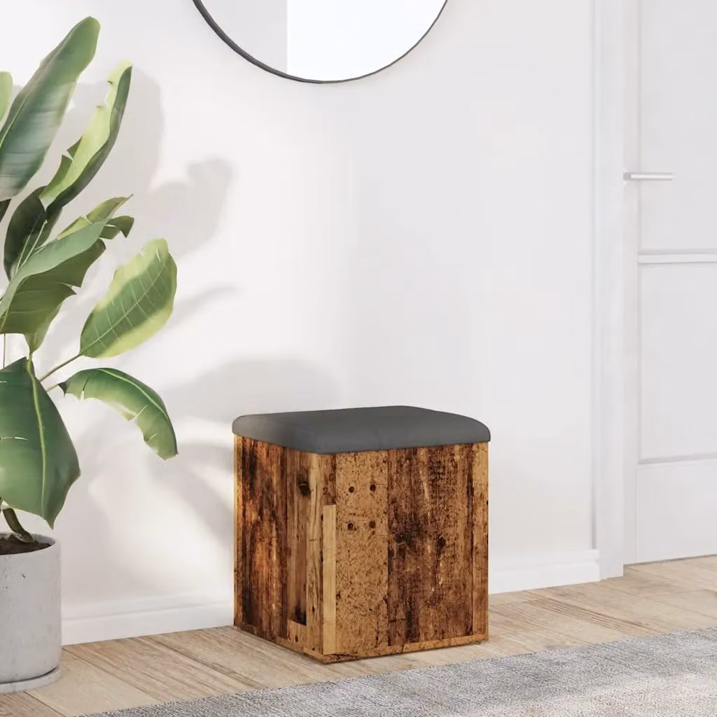 vidaXL Panca Portaoggetti in Legno Antico con Seduta in Tessuto, L/P/H: 42 x 42 x 45 cm