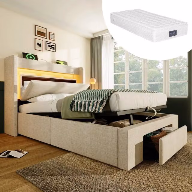 Letto Imbottito Contenitore 90x200 con LED, USB, Testiera e Materasso ¨C MINIMAL ¨C Beige Lino