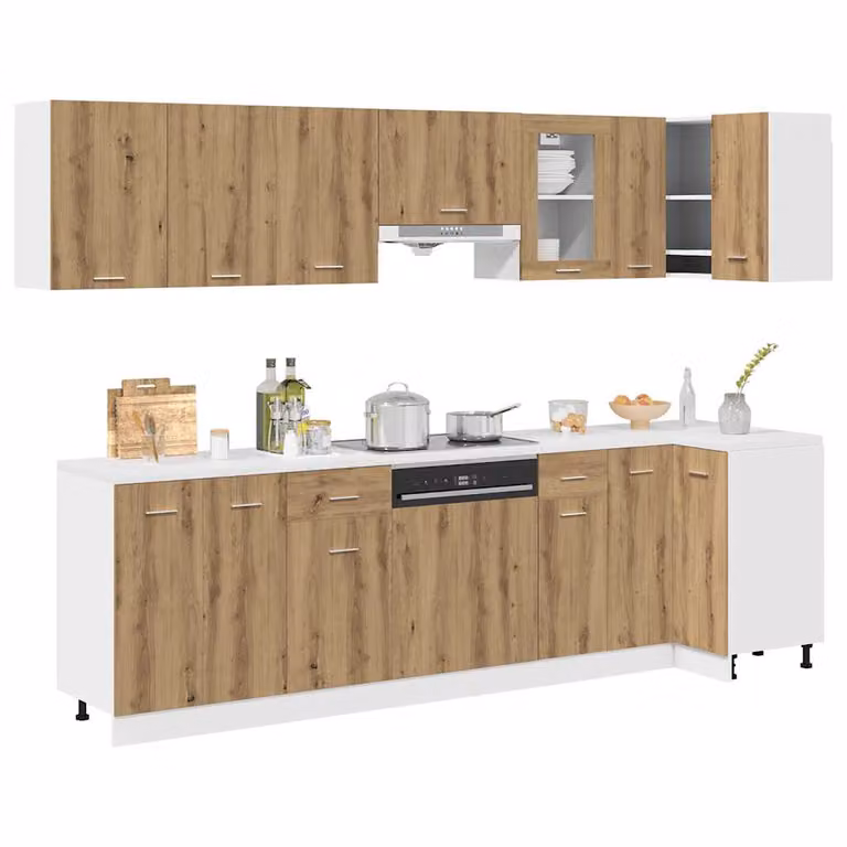Set di mobili da cucina moderno vidaXL Lyon composto da 11 pezzi in bianco e marrone con ante in vetro e legno
