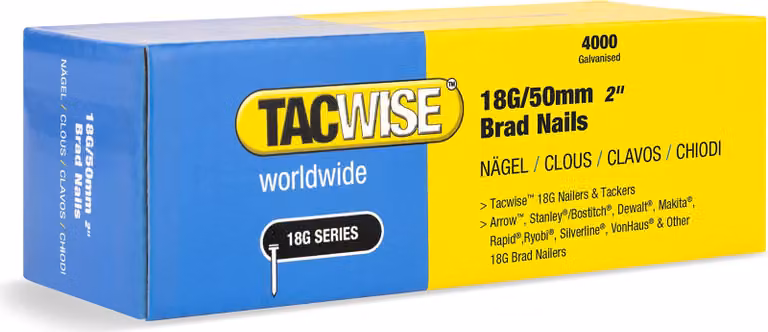 Tacwise 1715, chiodi a testa piatta, tipo "brad", 18G / 50 mm, zincati, confezione da 4000 pezzi – dimensione 50 mm