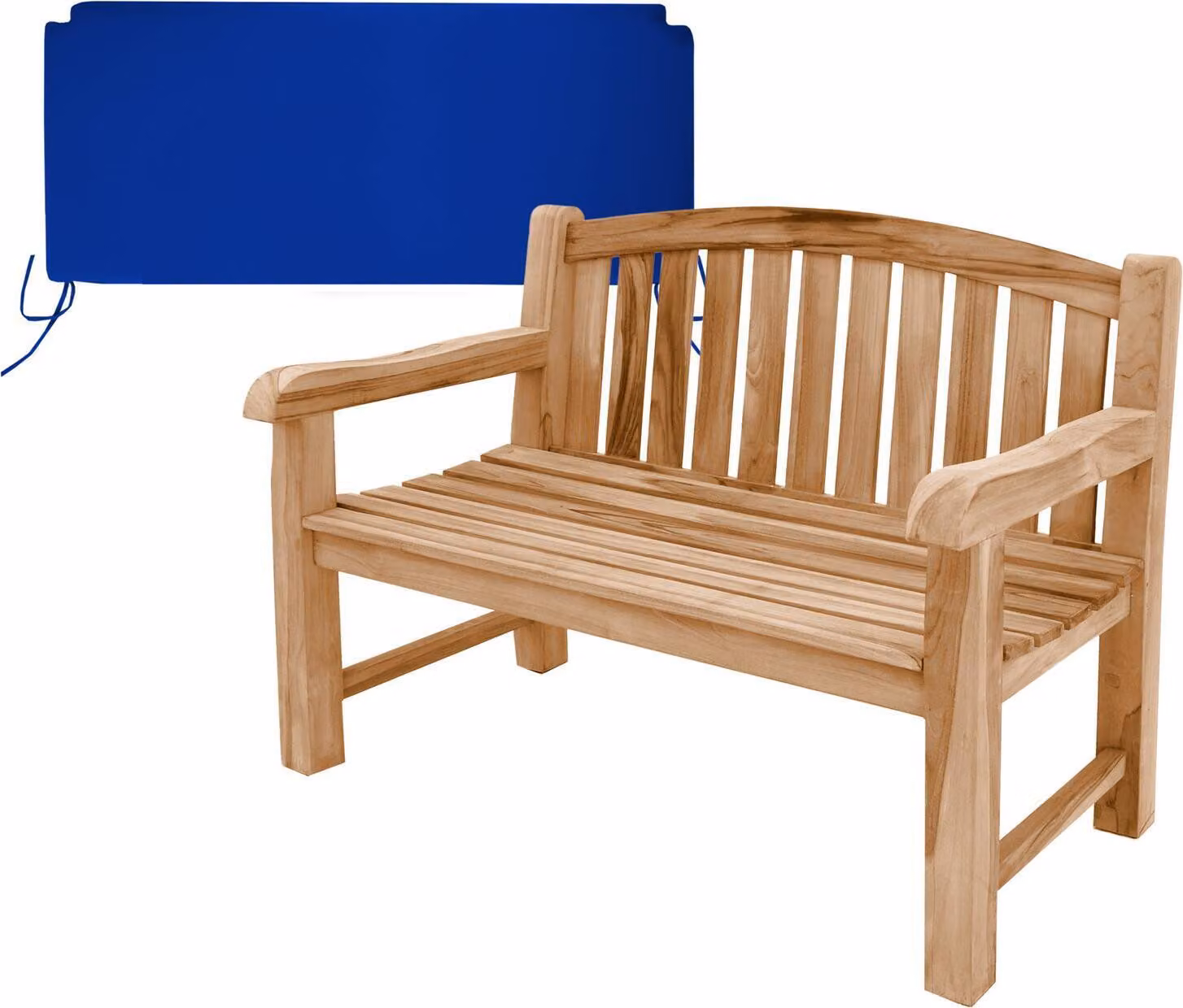 Panca da giardino in teak, particolarmente robusta, modello Bari, 120 cm + cuscino per seduta blu