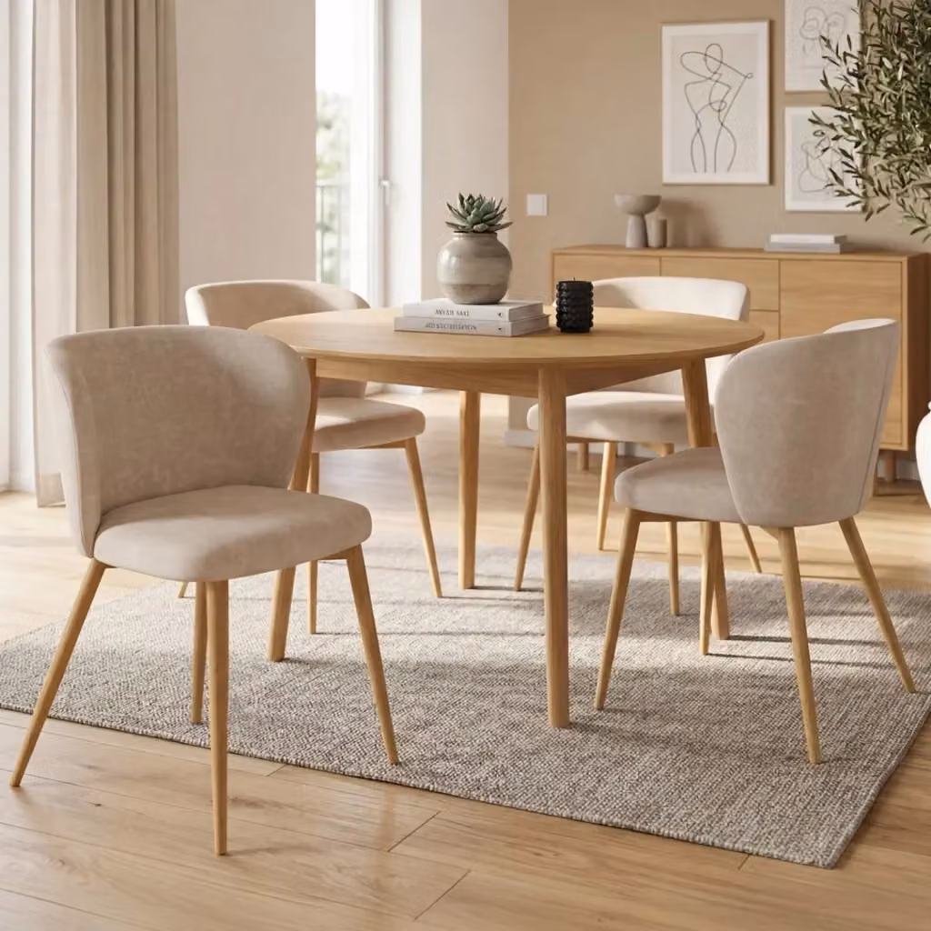 Set di 4 sedie PAULIE IDMarket in tessuto chenille beige con gambe effetto legno per la sala da pranzo e la cucina – 2