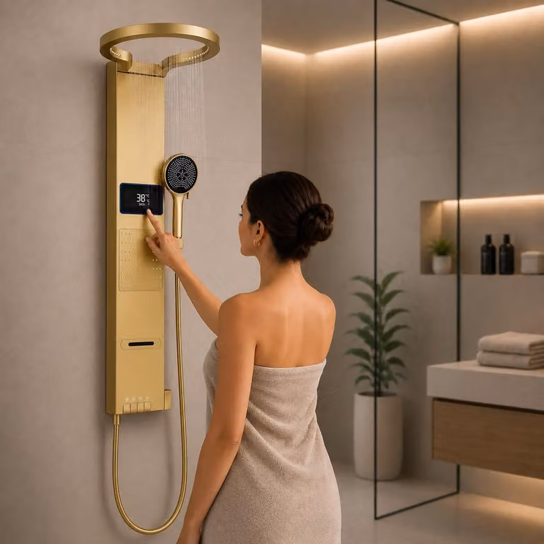Pannello doccia con termostato, finitura oro, 105 cm, 4 funzioni, idromassaggio
