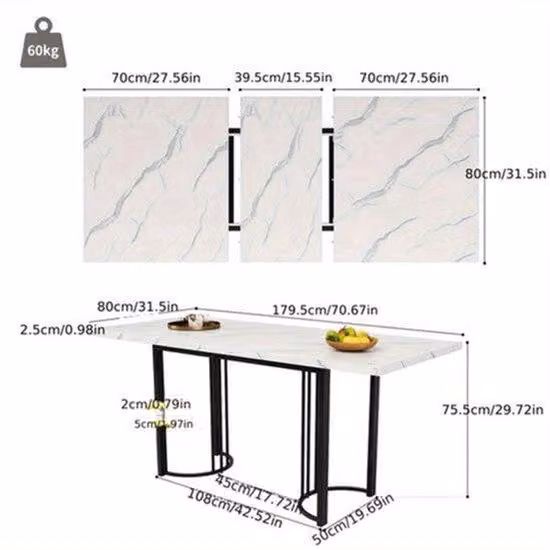 Tavolo allungabile per la sala da pranzo – 140-180x80 cm – Struttura metallica – Bianco/Nero – Salvaspazio – Rettangolare
