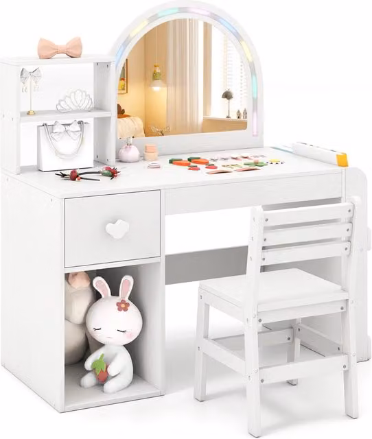 Set tavolo e sedia da principessa per bambini con specchio illuminato LED in stile glamour, colore bianco