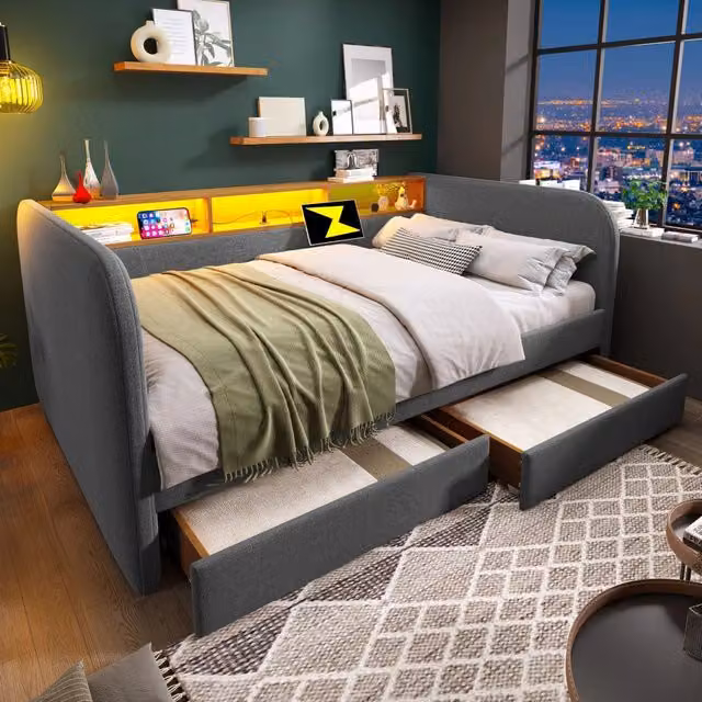 Letto Imbottito 140x190 cm in Lino Grigio con Luci LED; USB-C e 2 Cassetti