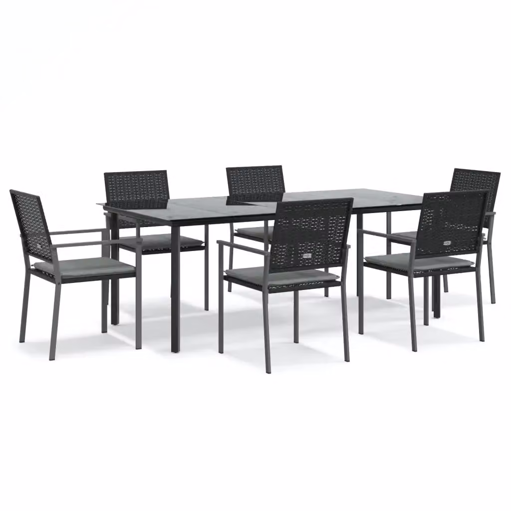 Set da giardino moderno vidaXL composto da 7 pezzi in polyrattan e vetro nei colori nero e grigio – 2