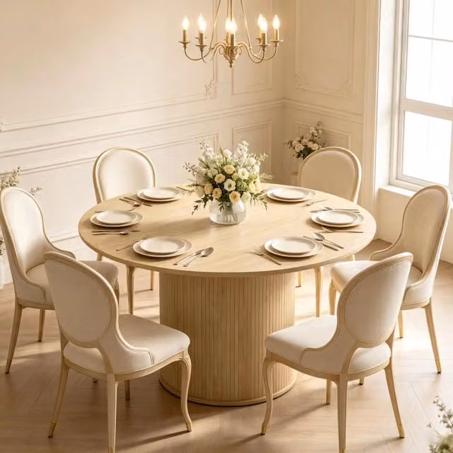 Tavolo da pranzo rotondo Mivray beige con base a colonna centrale, design moderno in MDF opaco, L: 120 cm, H: 75 cm – 1