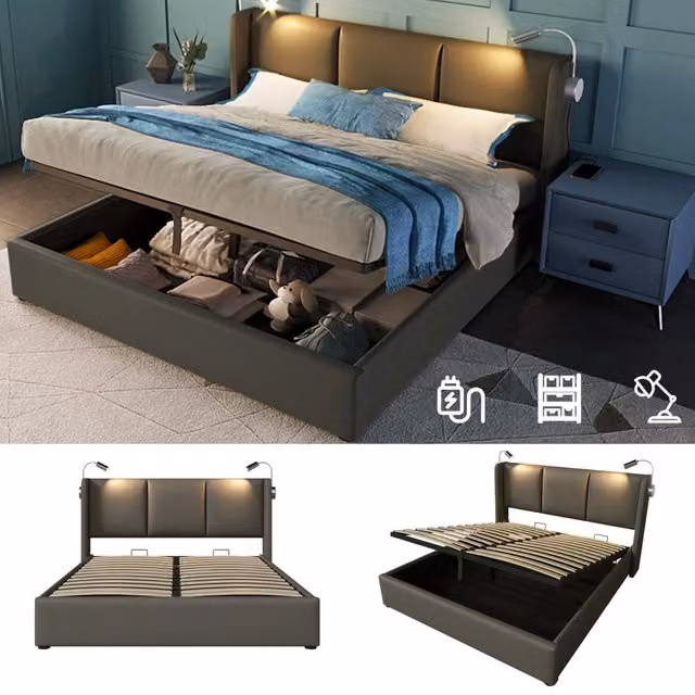 Letto Matrimoniale Contenitore 140x200 Imbottito in Ecopelle Grigio con Luce di Lettura e Presa USB