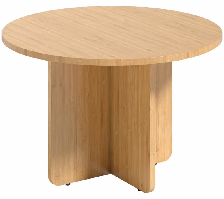 Tavolino Moonbite in bambù, forma rotonda, diametro 66 cm x altezza 45 cm. Tavolino da soggiorno con struttura a croce, piano di 1,8 cm di spessore, capacità portante di 120 kg, verniciato, con piedini regolabili, colore naturale