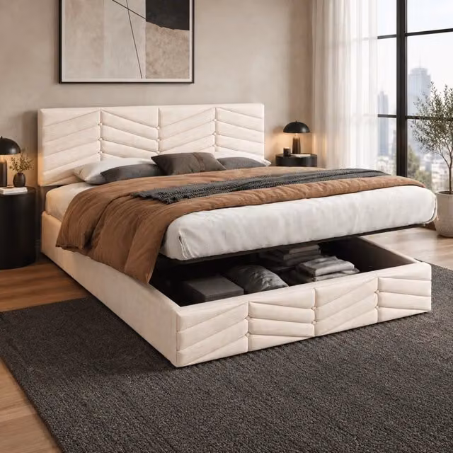 Letto matrimoniale imbottito 140 × 200 cm con rete a doghe testiera regolabile in velluto beige portata 300 kg