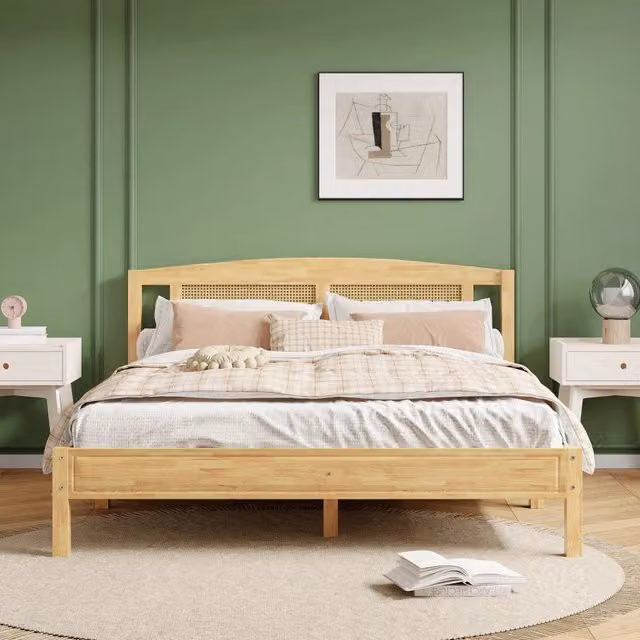 Letto matrimoniale 160x200 cm in legno di pino e PE rattan; naturale con 15 doghe