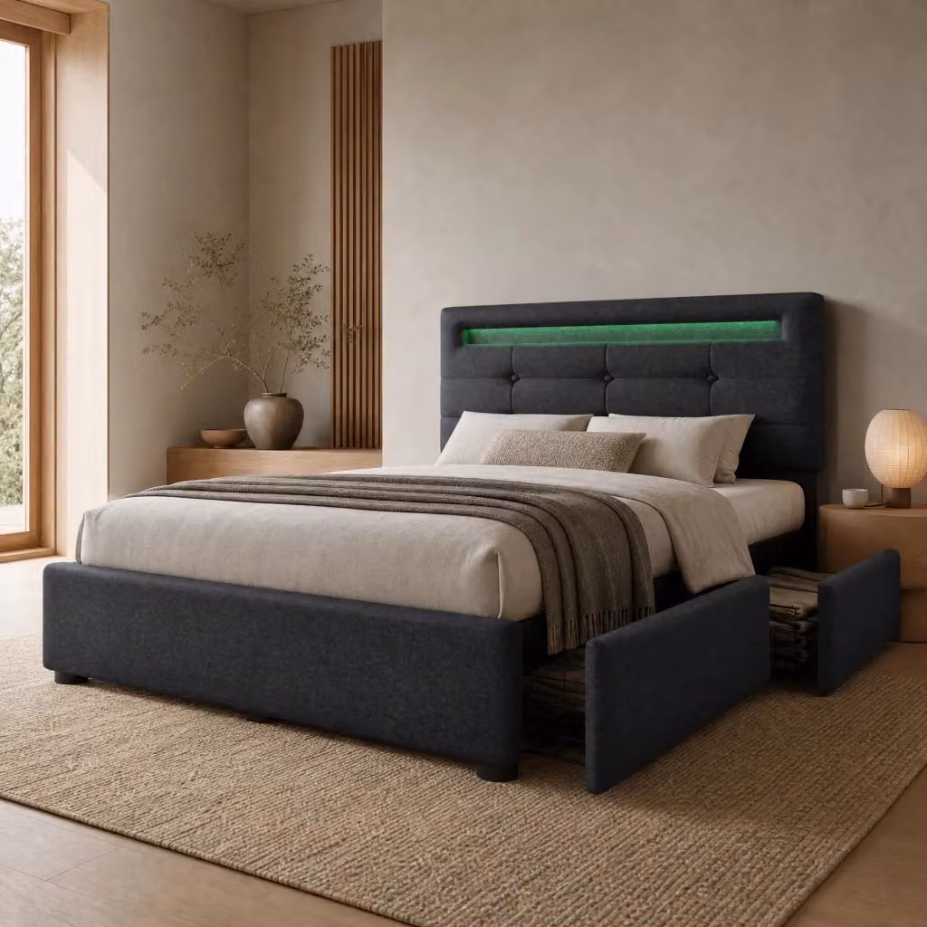 Letto Singolo REDOM Imbottito in Tessuto Grigio con Illuminazione LED e Cassetti L/P/H: 90 x 200 x 103 cm – 2