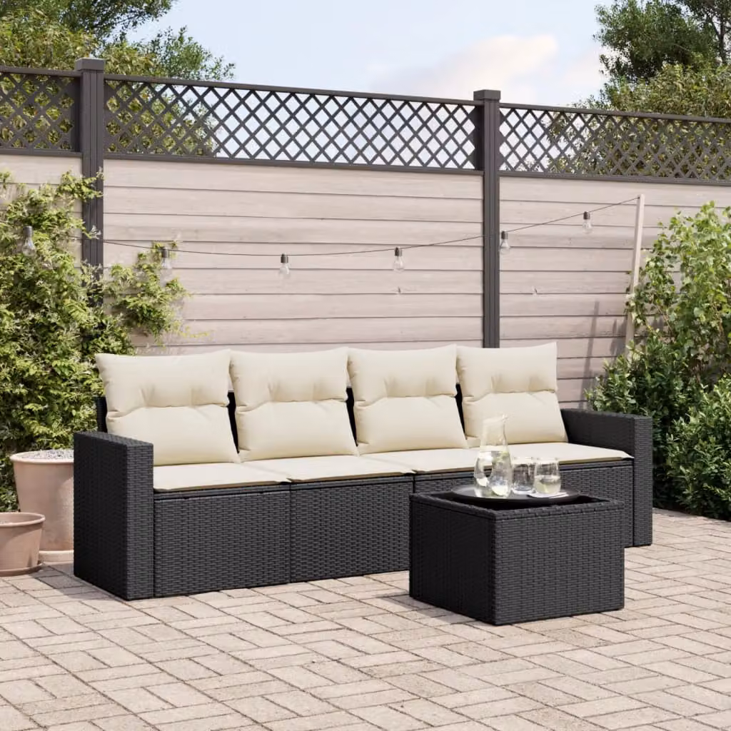 vidaXL Set Divani da Giardino 5 pz in Polyrattan Nero con Cuscini e Tavolino – 1