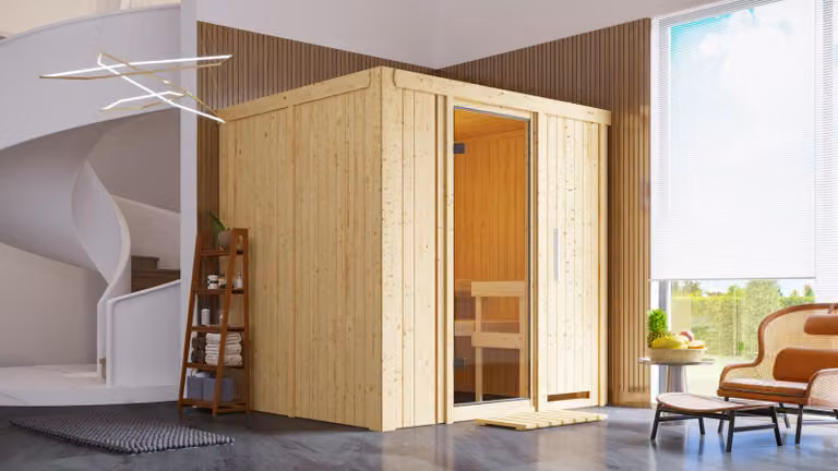 Karibu Sauna Sodin (ingresso frontale), porta in vetro trasparente, senza accessori